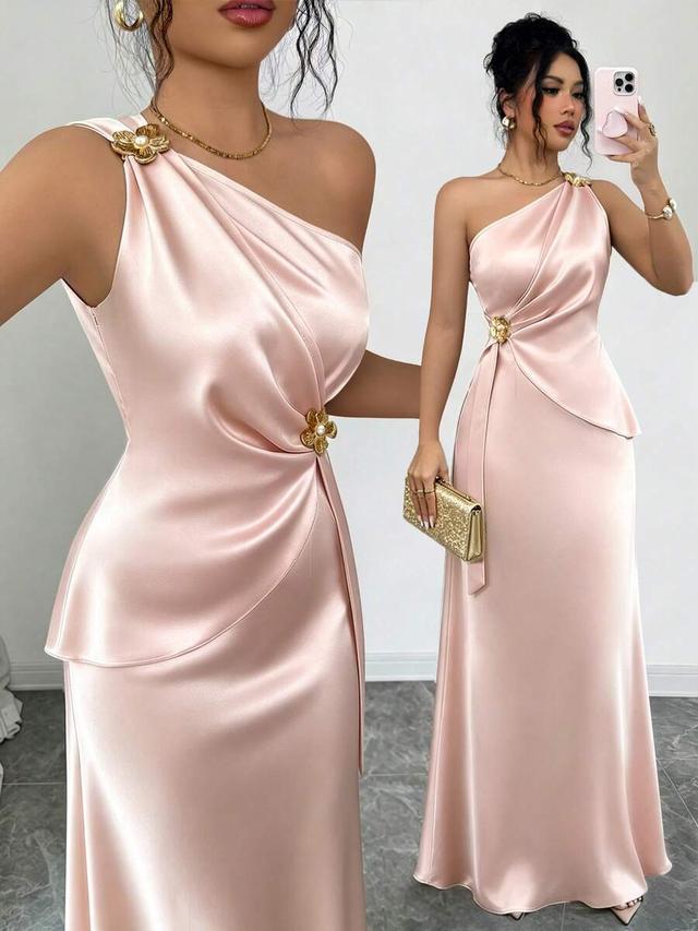 elegant satin asymmetrical shoulder metal flower mermaid dress