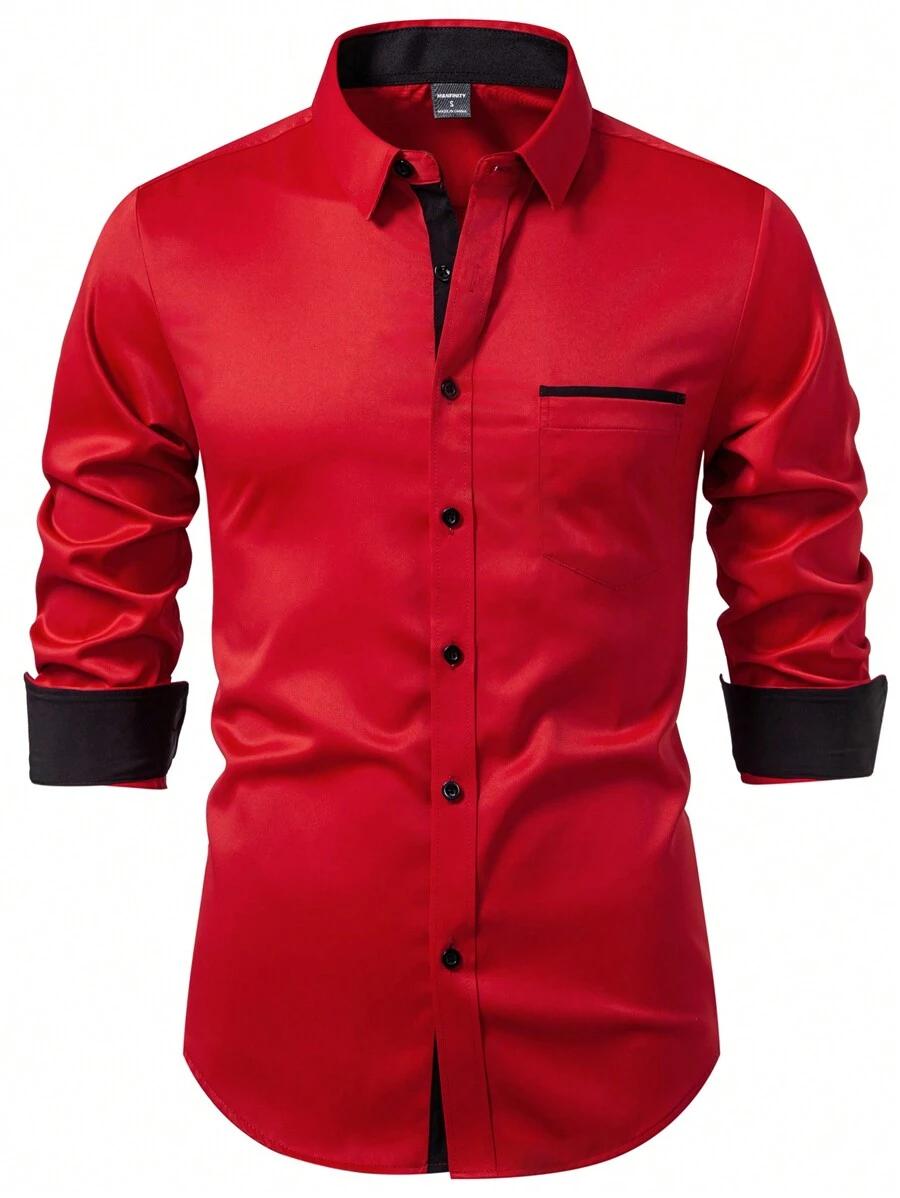 red long sleeve formal shirt with black contrast trim