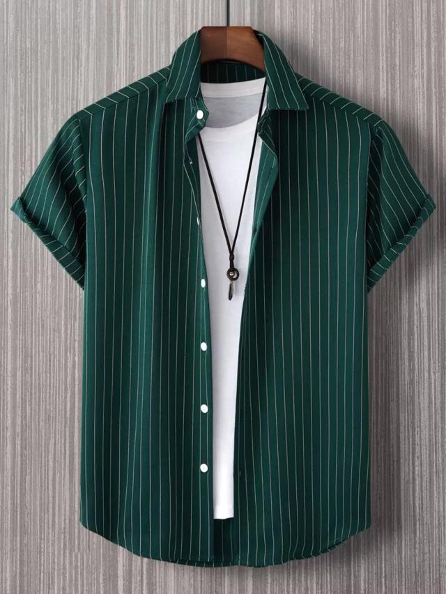 green and white striped short sleeve button down shirt