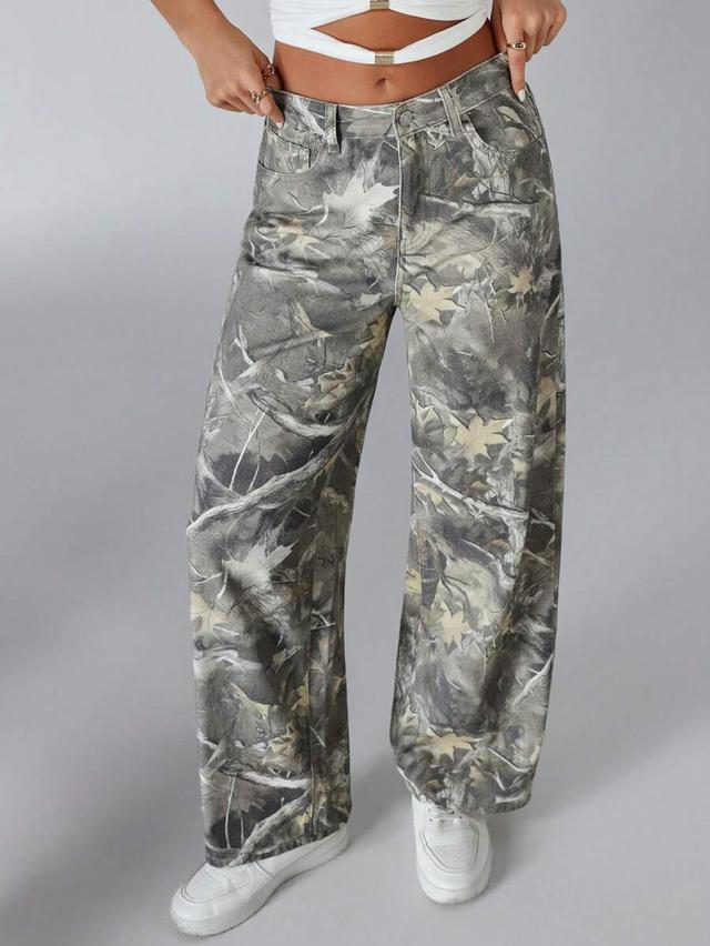 casual camo print straight leg jeans