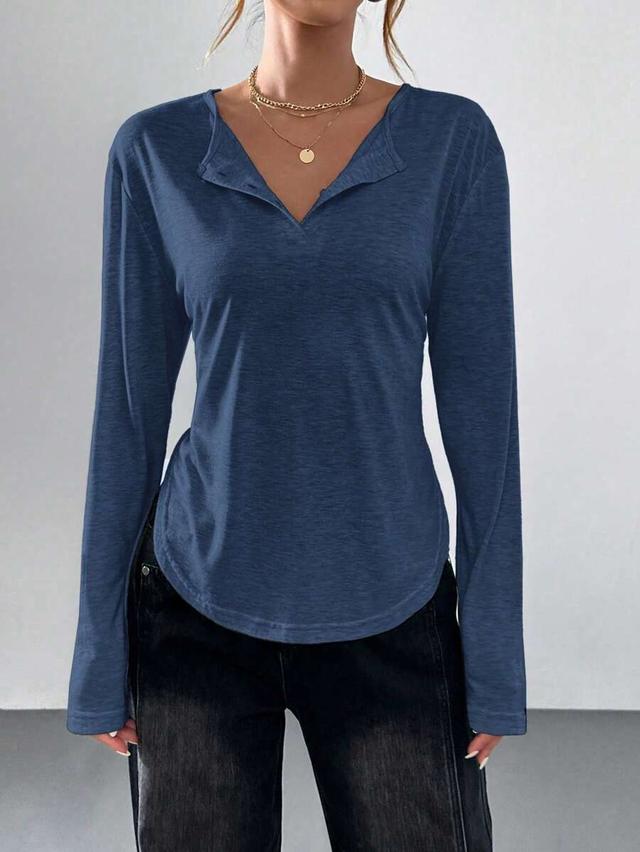 blue long sleeve arched hem casual top
