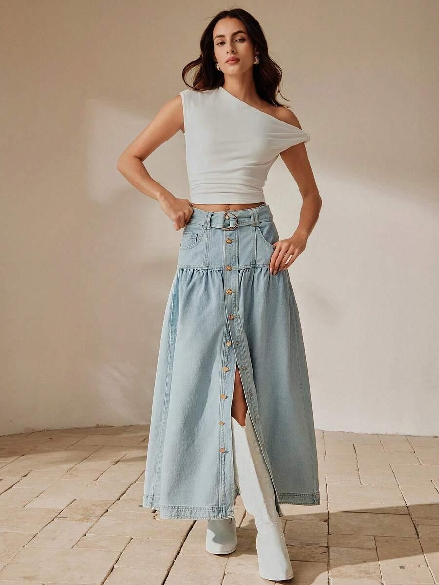 white elegant light wash denim maxi skirt with belt