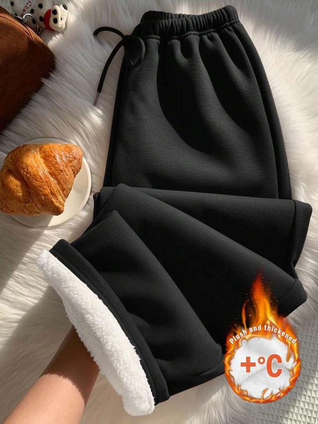 black thermal lined casual drawstring waist loose sweatpants