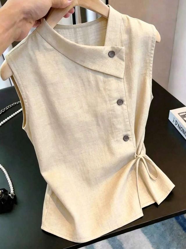 beige linen blend sleeveless wrap top