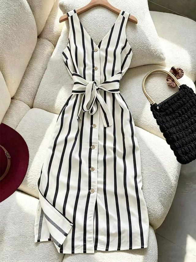 striped sleeveless button-down midi dress with waist tie