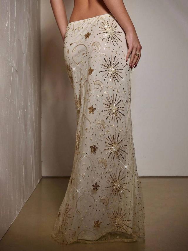 white sequin embroidered fishtail maxi skirt