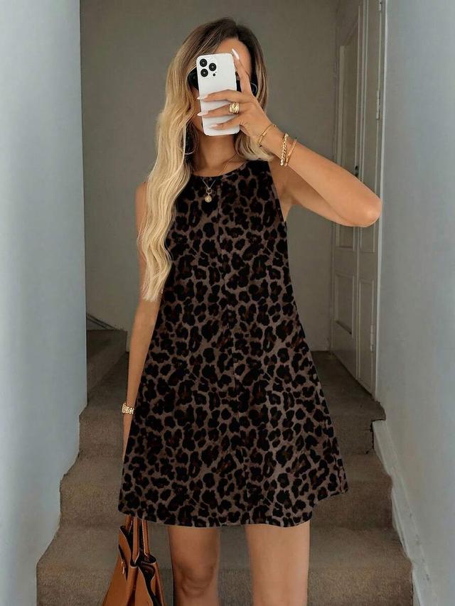 brown leopard print sleeveless a-line shift dress