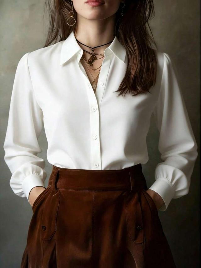 elegant solid white long sleeve button-up blouse