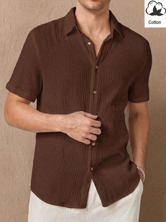 brown cotton gauze short sleeve casual shirt