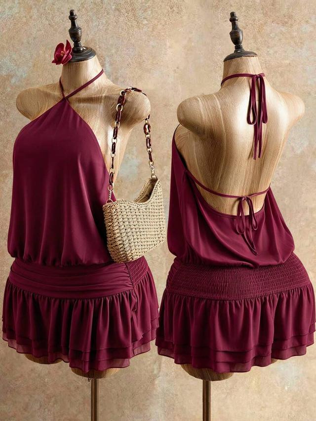 burgundy halter backless short summer dress