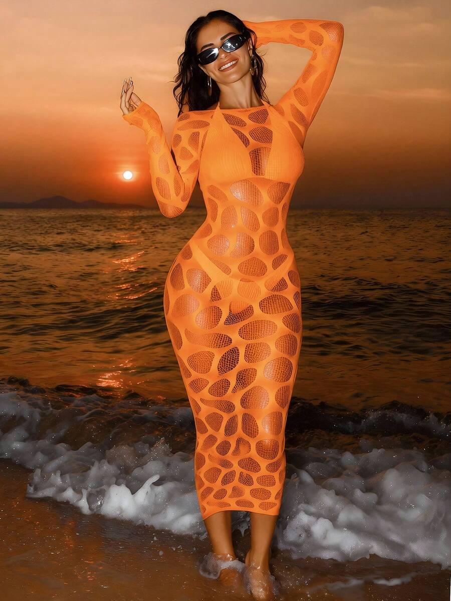 orange cutout mesh long sleeve midi dress