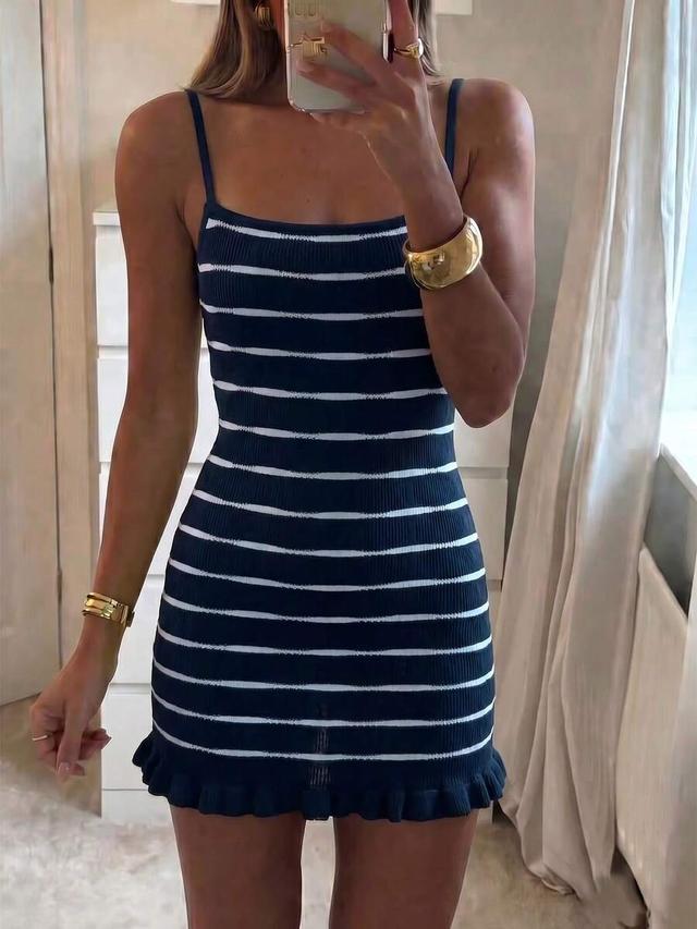 navy and white striped ribbed knit mini dress