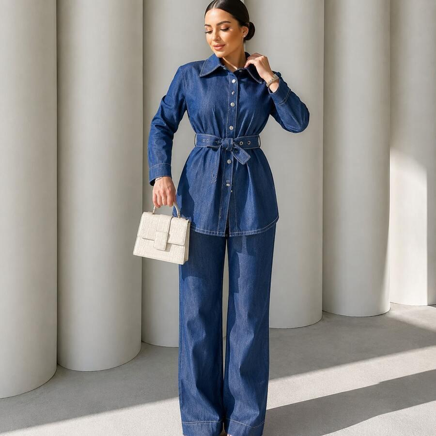denim blue shirt jacket and wide leg trousers