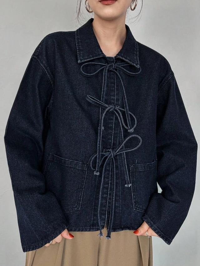 navy blue denim jacket with tie front closure