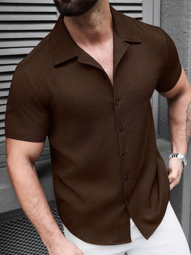 brown geometric textured short sleeve button-up shirt