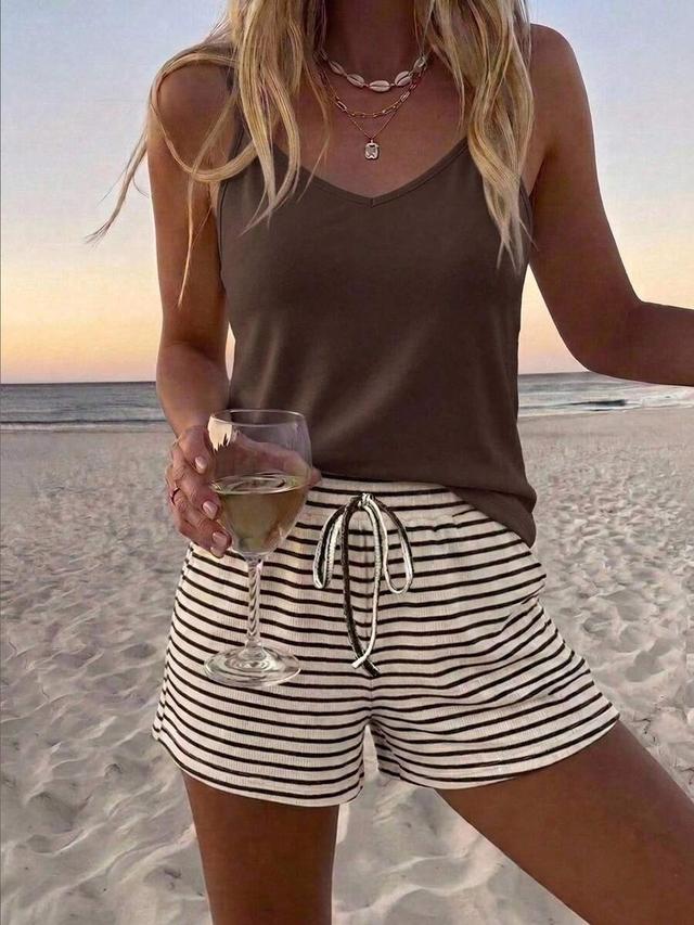 casual minimalist tank top and striped shorts set