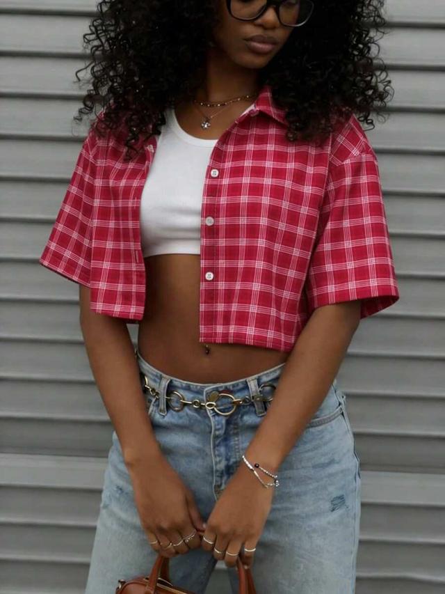 rovax women's red plaid short-sleeved cropped shirt