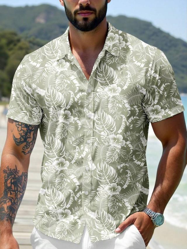 sage green tropical floral print short sleeve shirt