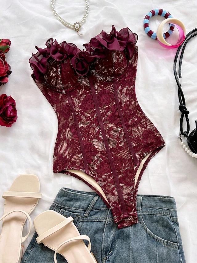 burgundy floral lace strapless ruffled corset bodysuit