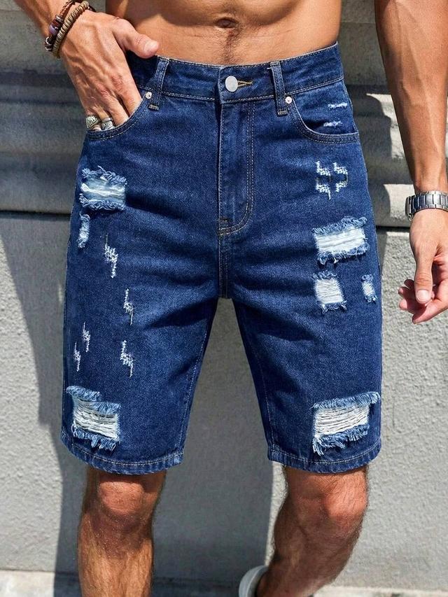 men's casual ripped straight leg blue denim shorts