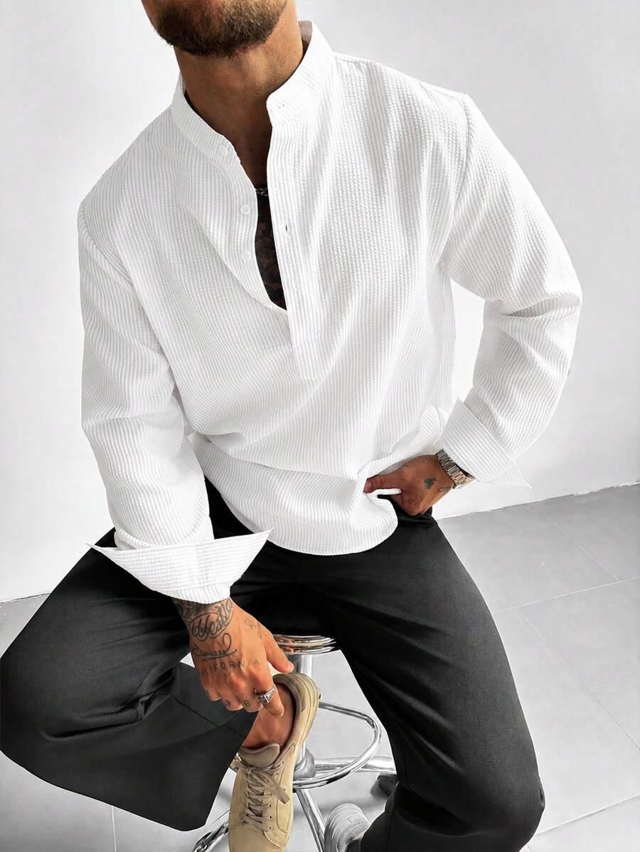 white textured half-placket stand collar long sleeve shirt
