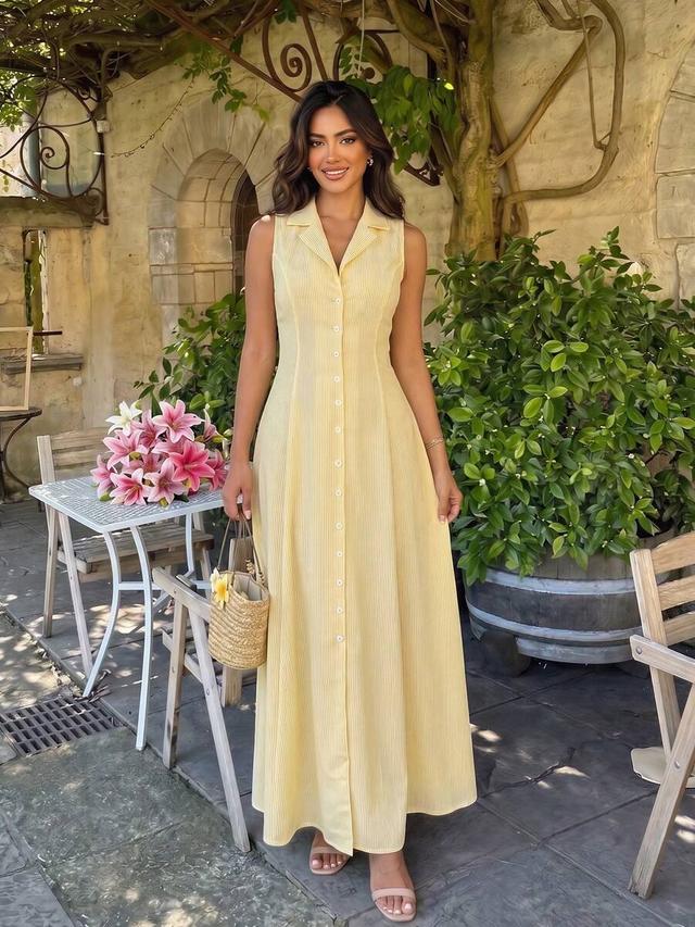 yellow striped collared button-front sleeveless a-line dress