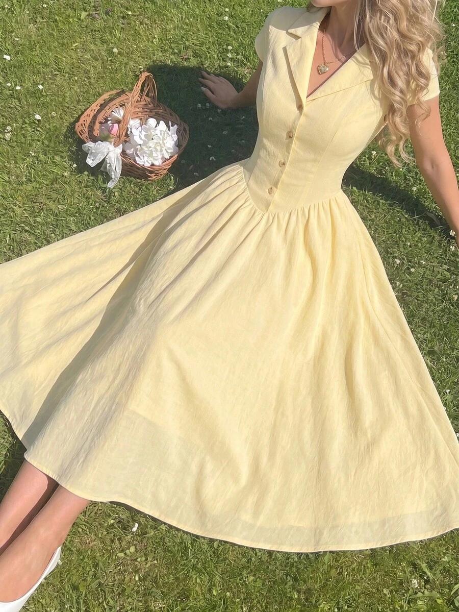 vintage elegant yellow button-down midi dress