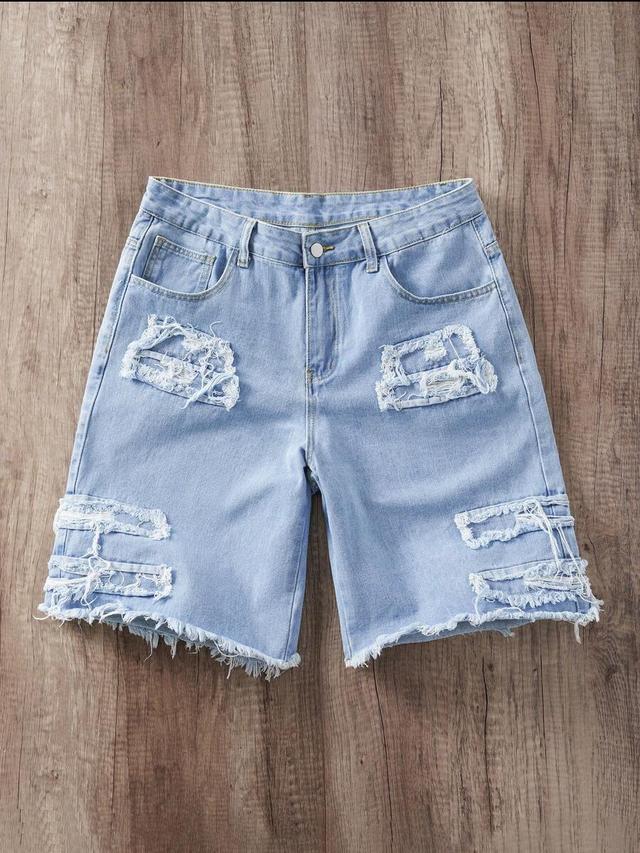 light blue distressed raw hem denim jorts