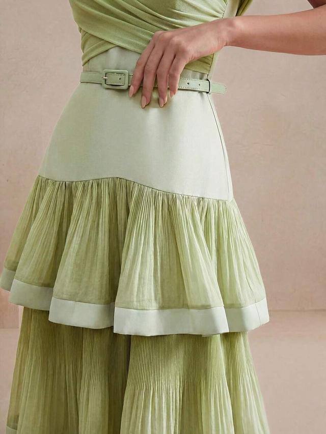 sage green ruffled tiered pleated party dress