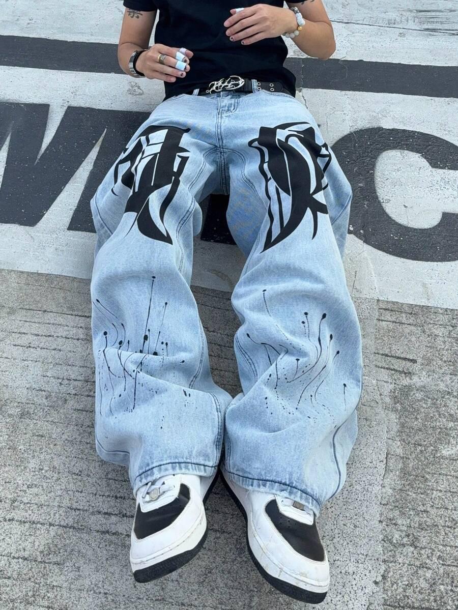 light wash letter print loose fit wide leg jeans