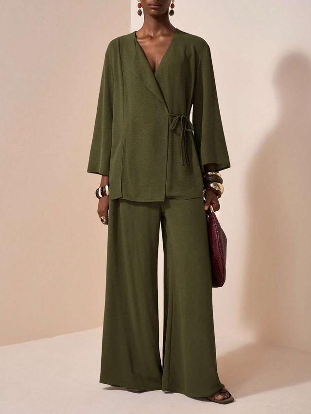 olive green textured linen kimono style two piece set