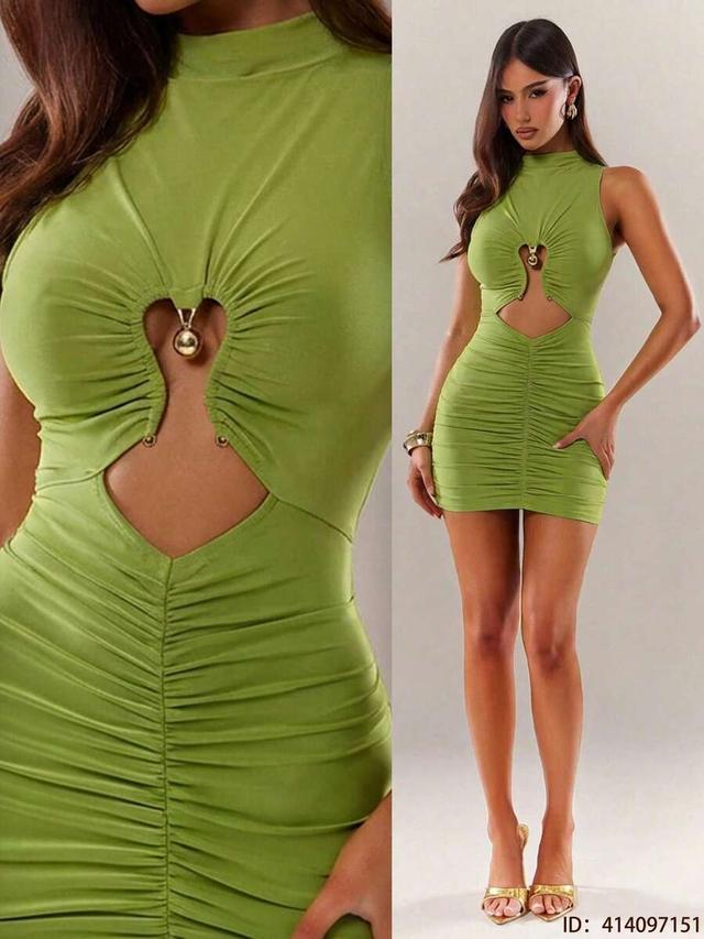 olive green ruched hollow-out sleeveless bodycon mini dress