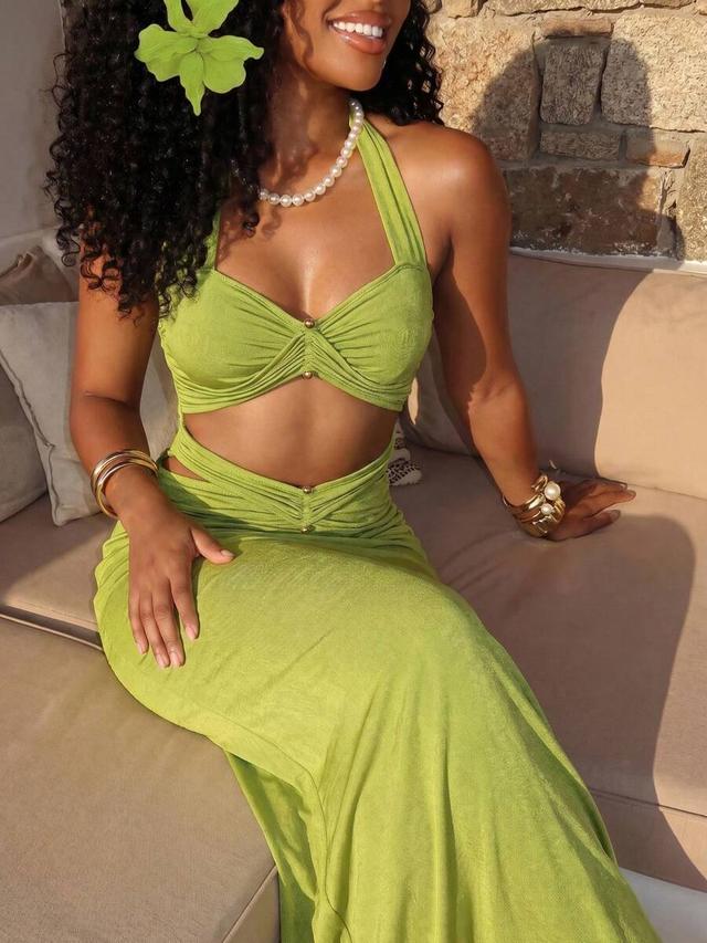 olive green pleated criss-cross halter bodycon mermaid dress