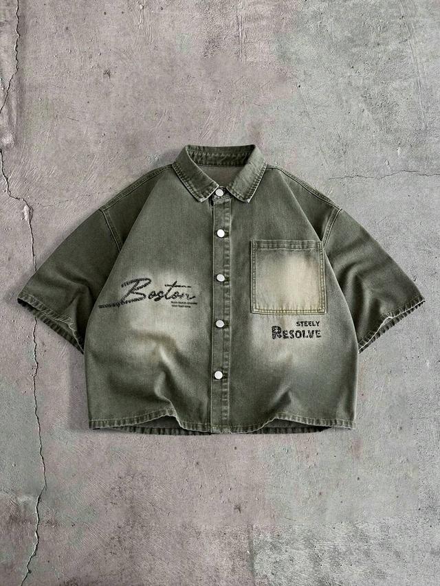 washed olive green short sleeve denim shirt jacket