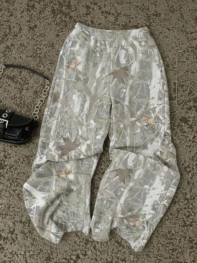 distressed leaf print y2k casual wide leg pants