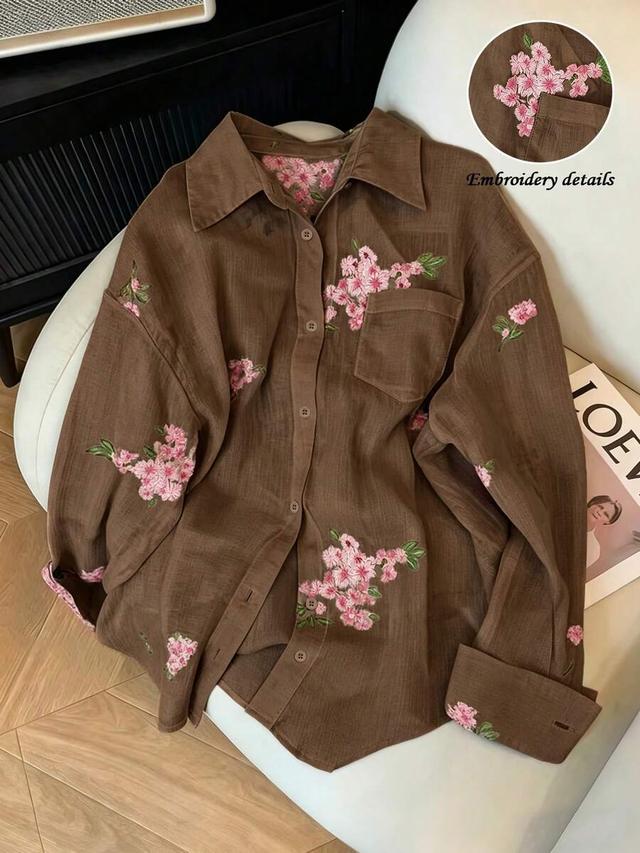 embroidered floral brown long sleeve button shirt