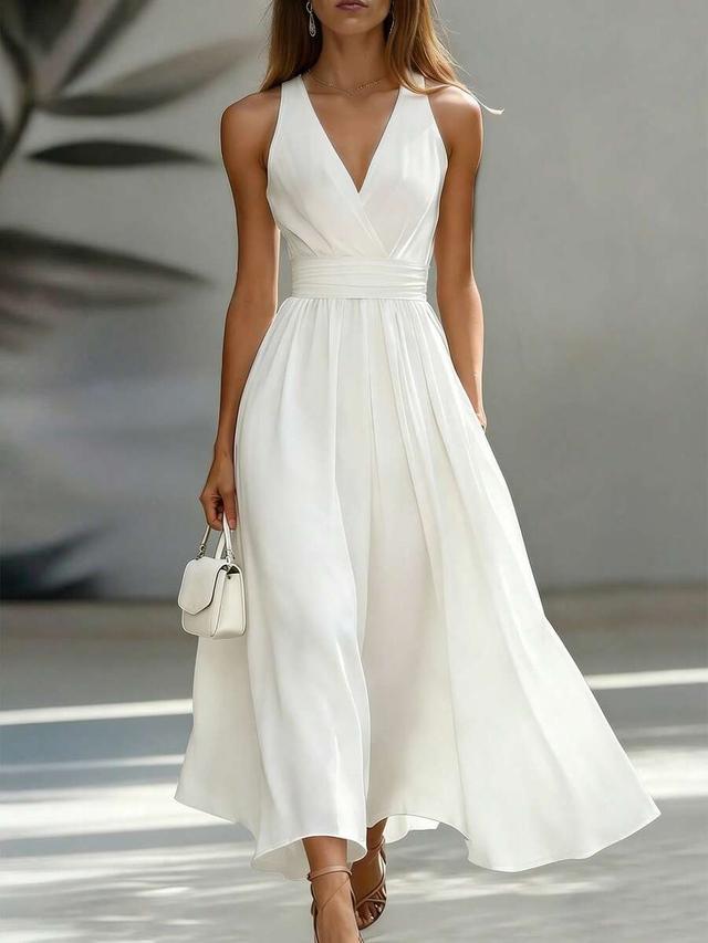 white sleeveless v-neck pleated maxi dress