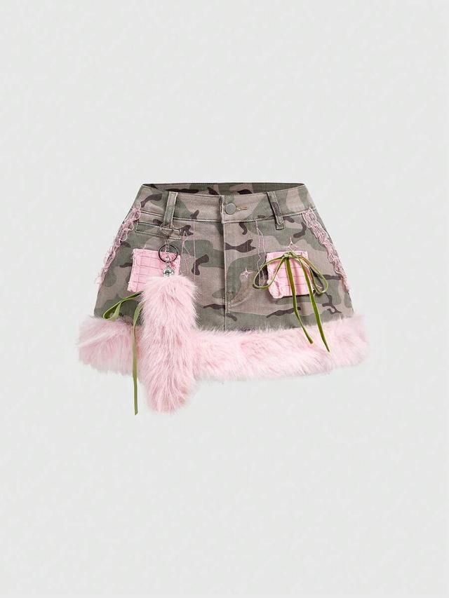 camouflage patchwork denim mini skirt with faux fur trim