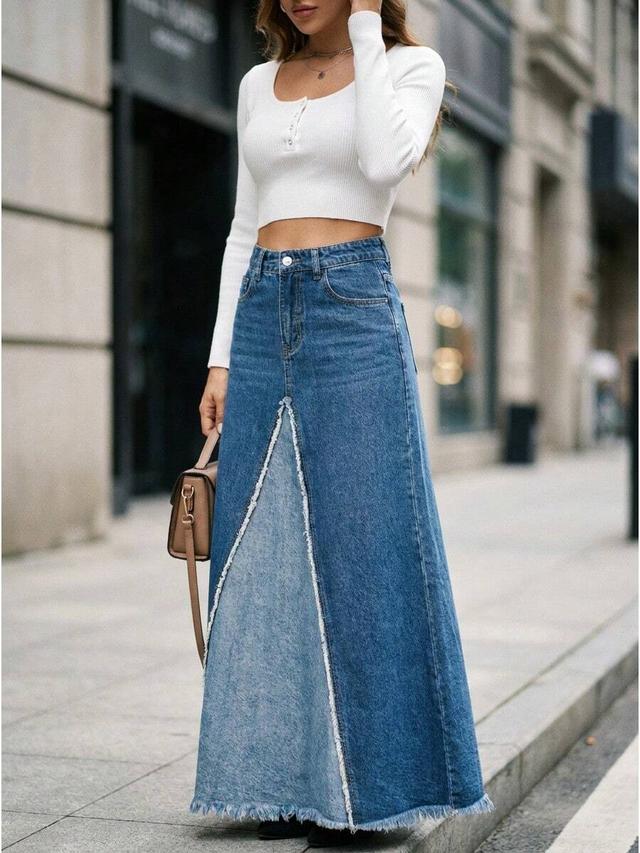 vintage dark blue washed denim long skirt with raw edges