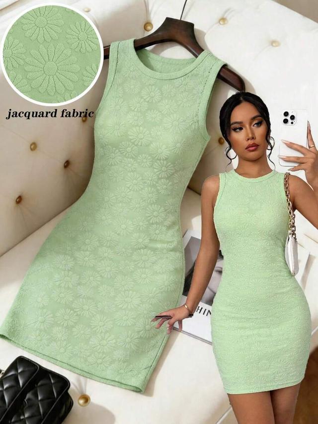 green floral jacquard sleeveless bodycon dress