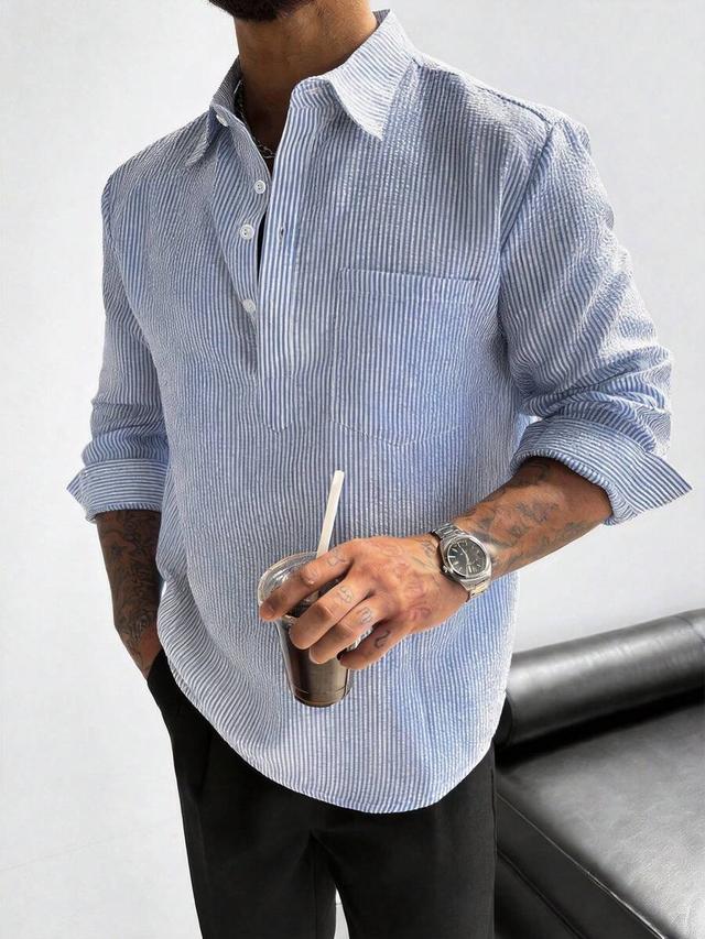textured blue striped linen blend half-open casual shirt