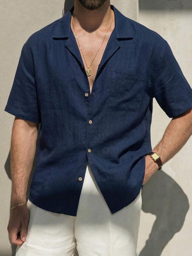 navy blue loose fit faux linen vacation shirt