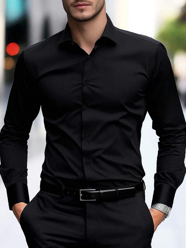 men's formal solid black long sleeve dress shirt
