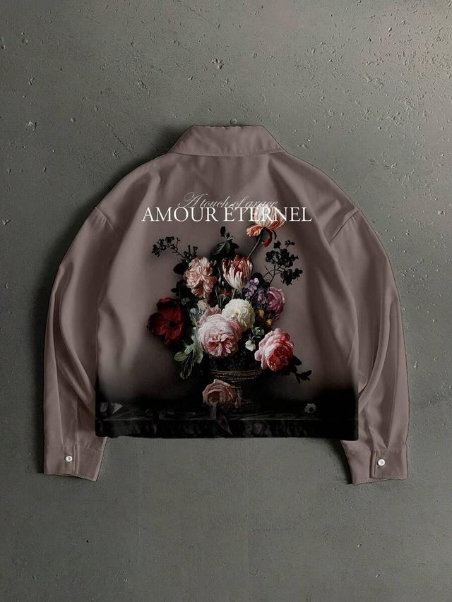 taupe boxy cropped floral oil painting print long sleeve shirt