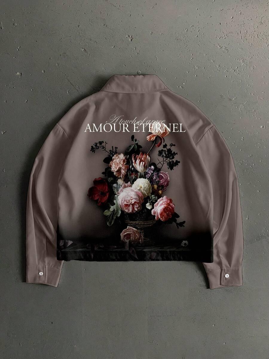 taupe boxy cropped floral oil painting print long sleeve shirt