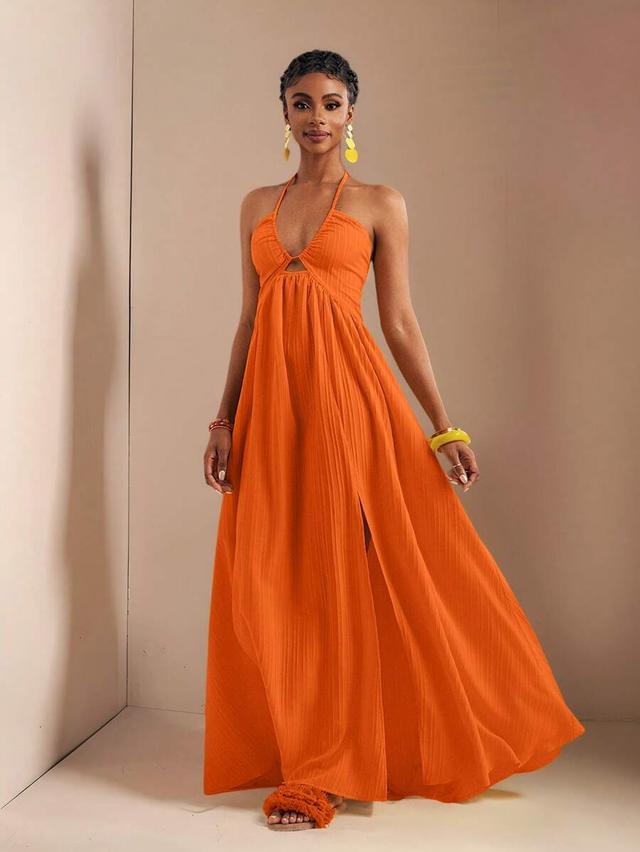 vibrant orange pleated halter neck maxi dress