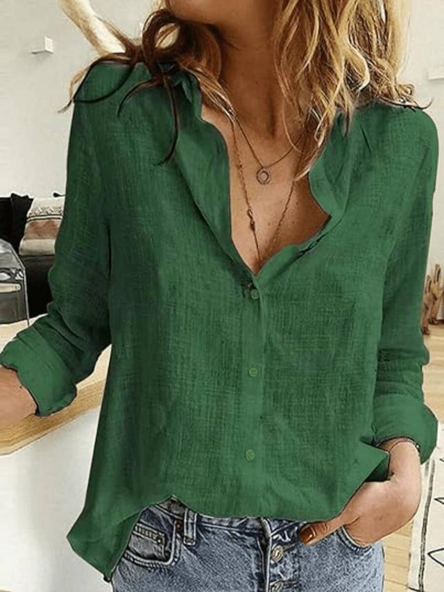 solid green long sleeve button-down linen shirt