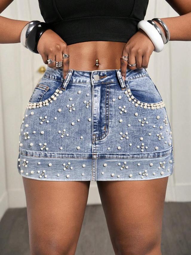 embellished acid wash denim mini skirt with pearls