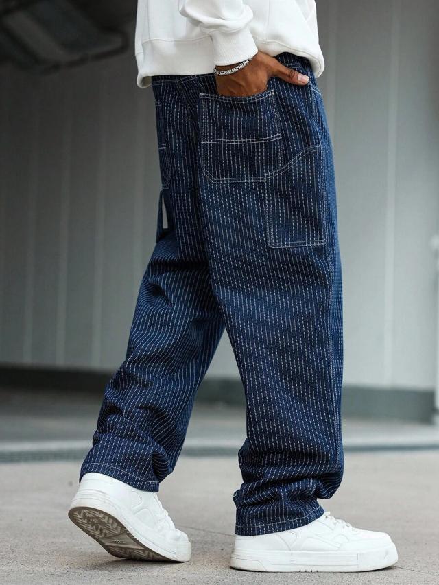 casual vertical striped multi-pocket denim jeans