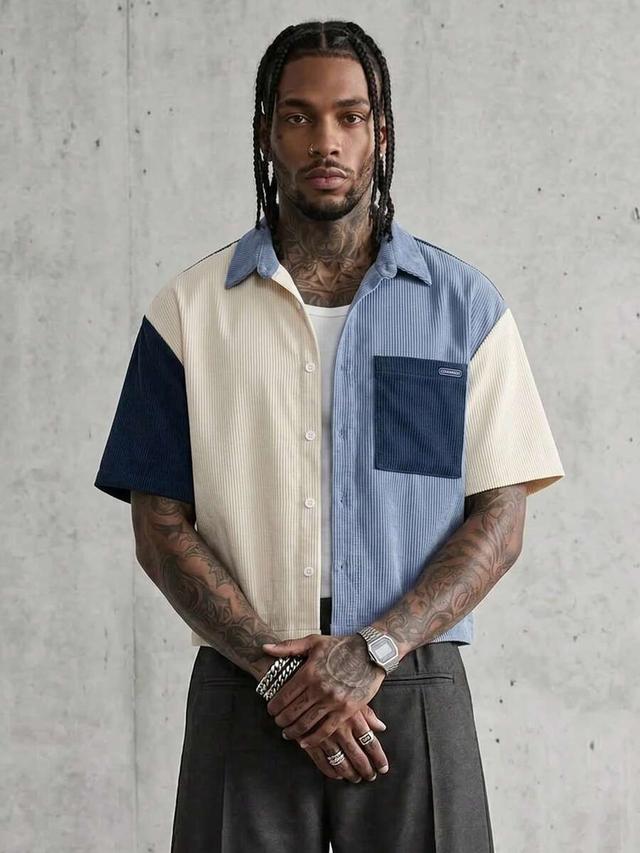 patchwork corduroy short sleeve button-up shirt